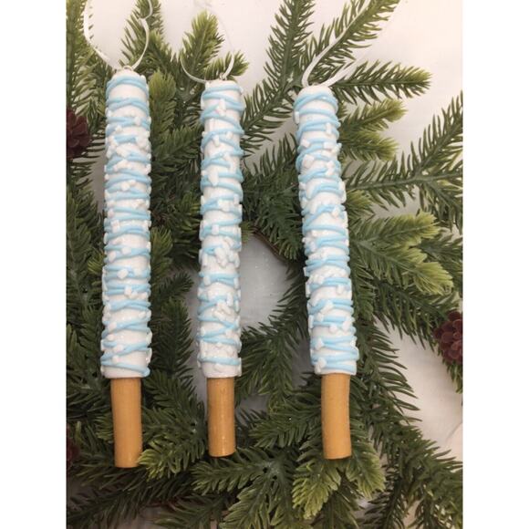 3-Iced Pretzel Lollipop Christmas Ornaments-White Blue Sprinkles 6 in - Picture 1 of 5